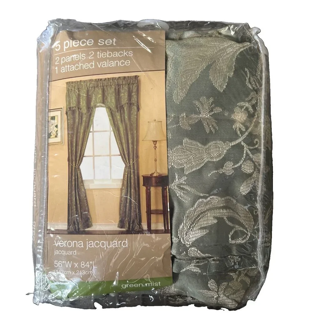 Vintage Verona Jacquard 5 Piece Curtains Green Mist Window Decor 56 x 84 New